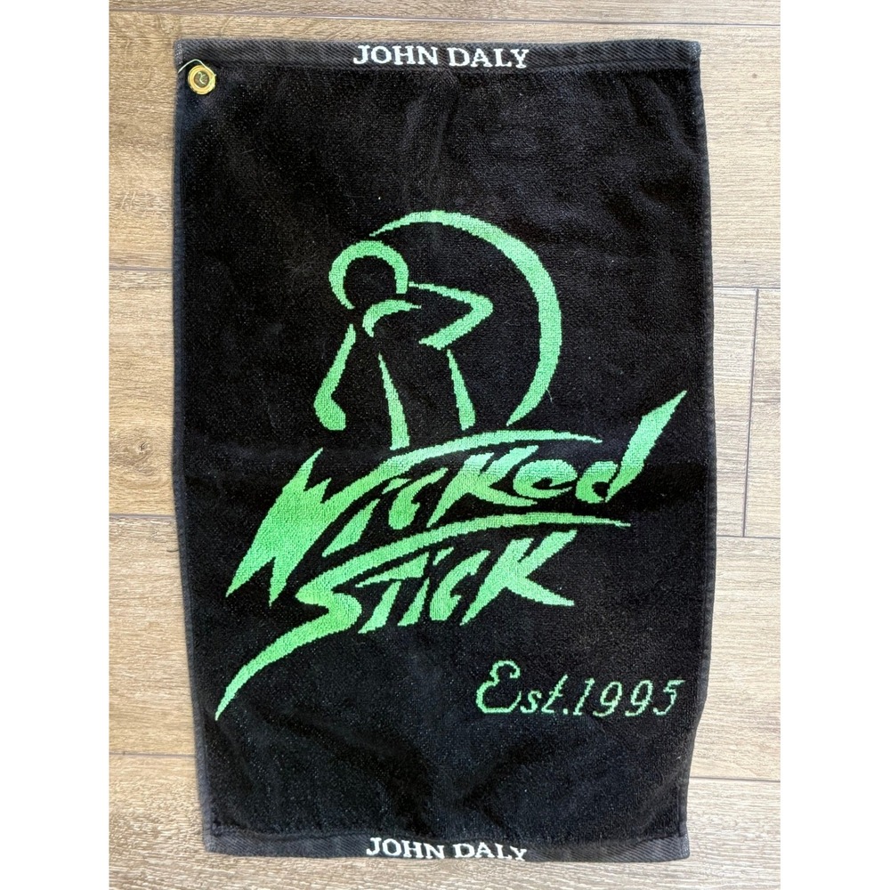 John Daly Wicked Stick Golf Towel Black Green Devan Embroidered‎ Cotton Augusta